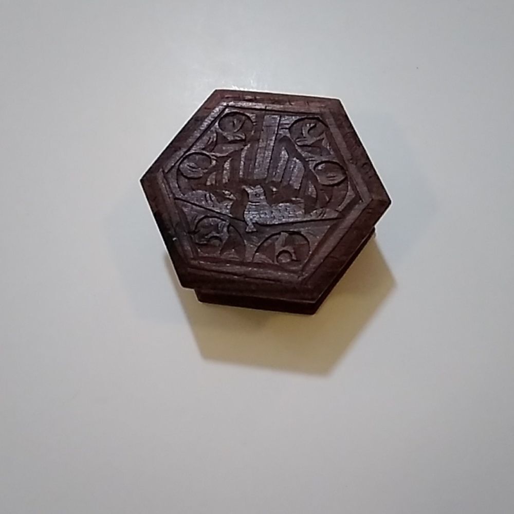 Vintage Carved Wooden Trinket Box Small Wooden Hexagon